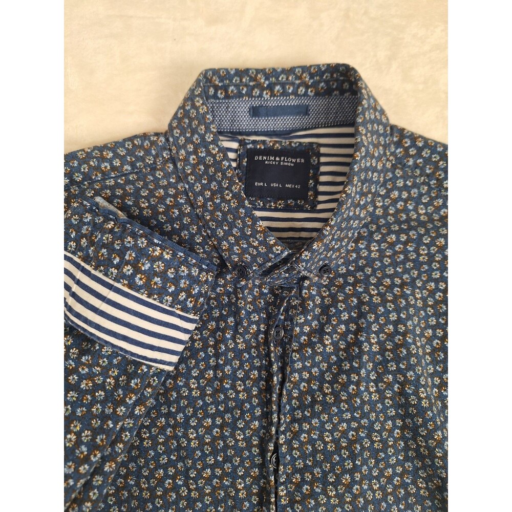 Mens Large Denim & Flower Shirt Blue Floral Button Up Long Sleeve Ricky Singh
